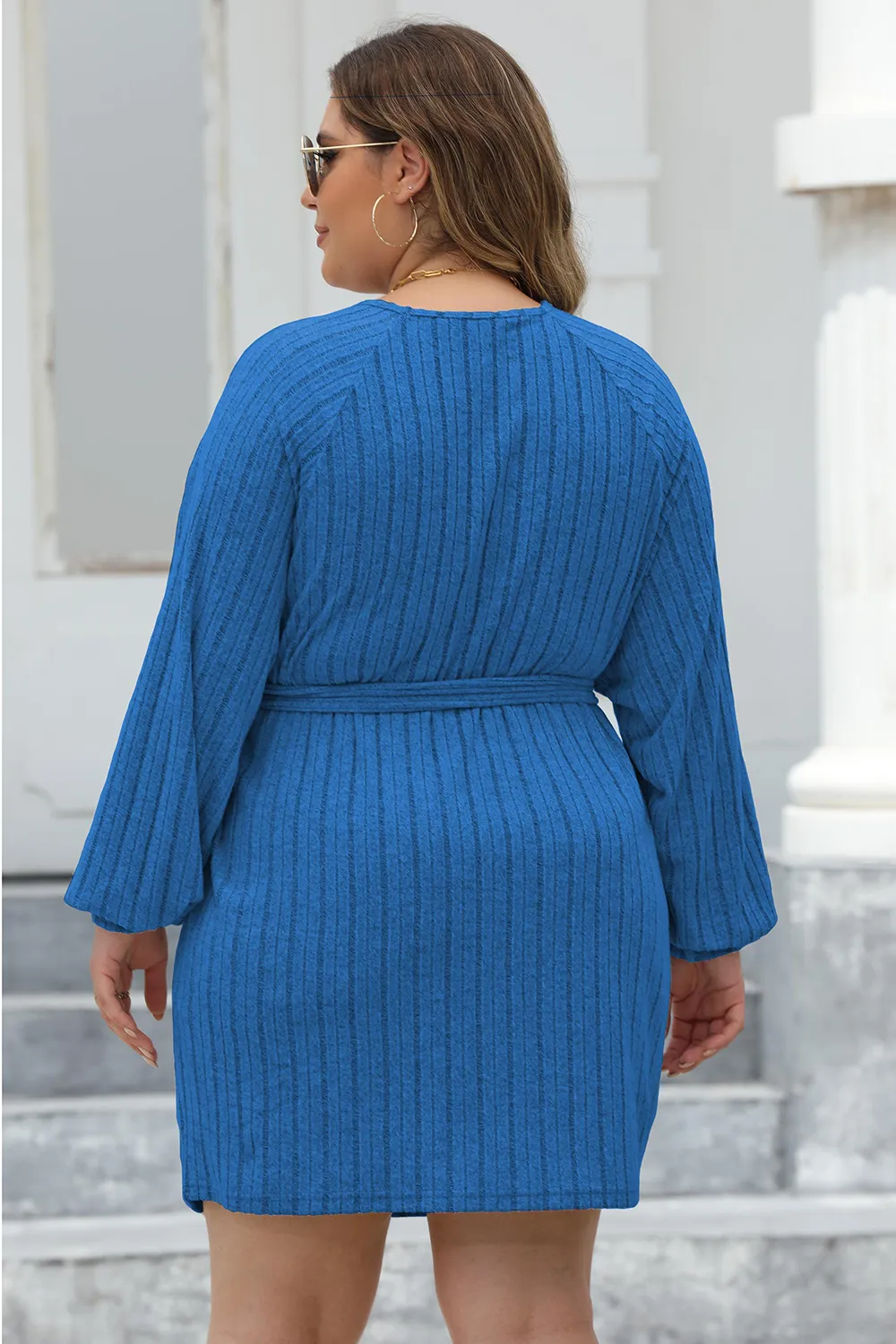 Plus Size Ribbed Tie Front Long Sleeve Sweater Dress, image 2