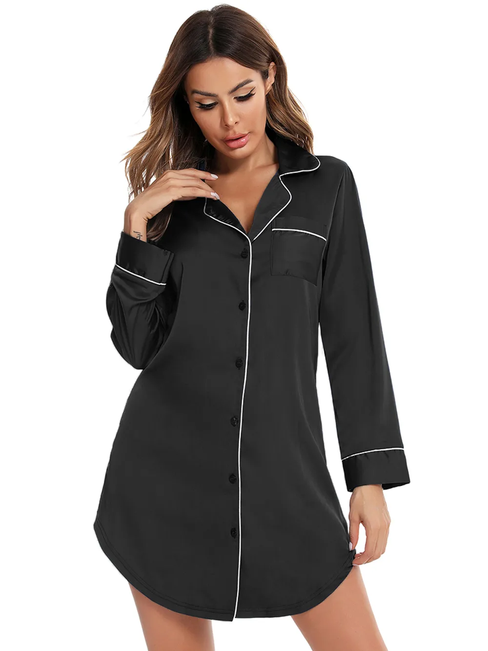 Button Up Lapel Collar Night Dress with Pocket, image 3
