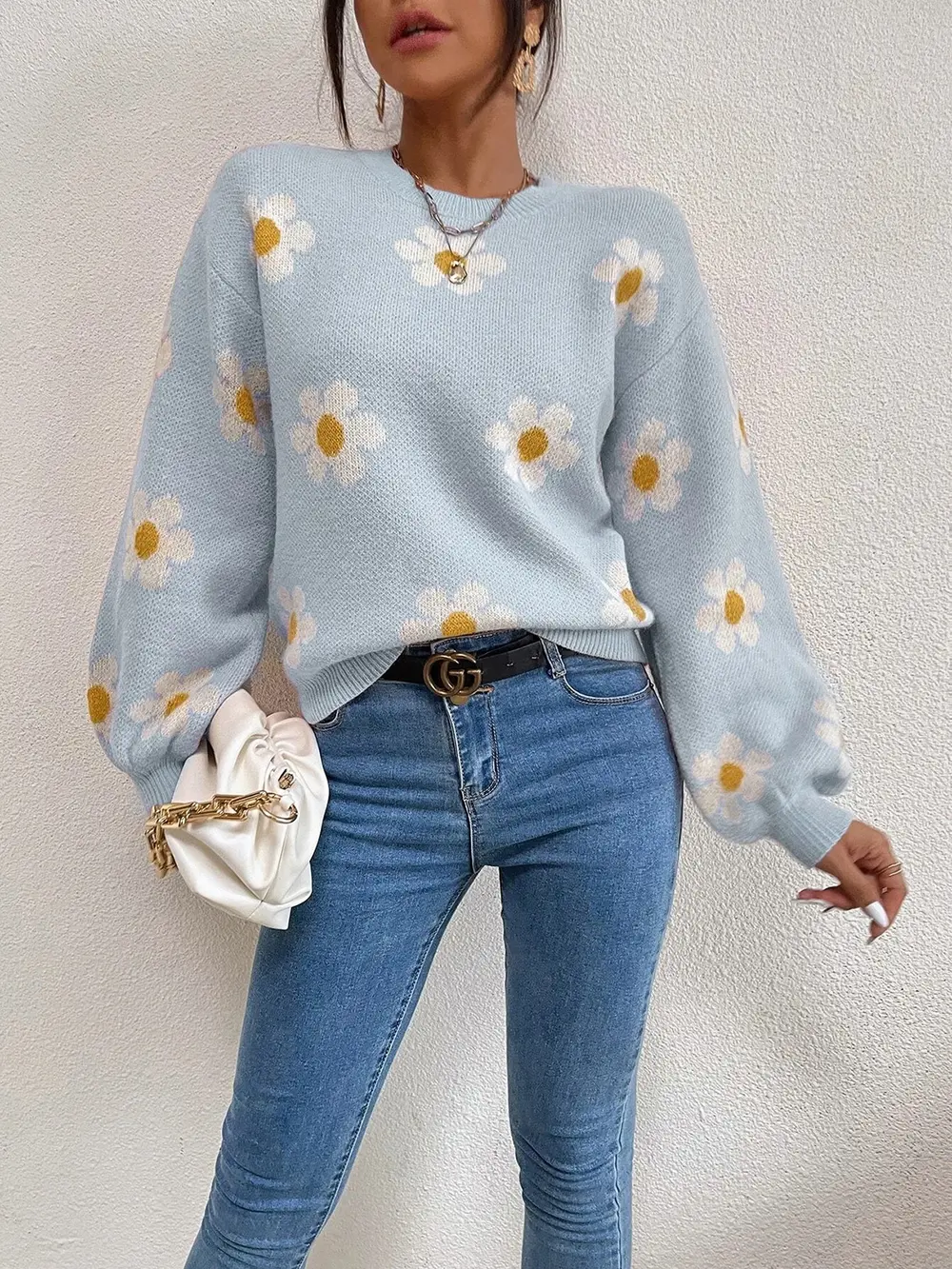 Flower Round Neck Latern Sleeve Sweater, image 4