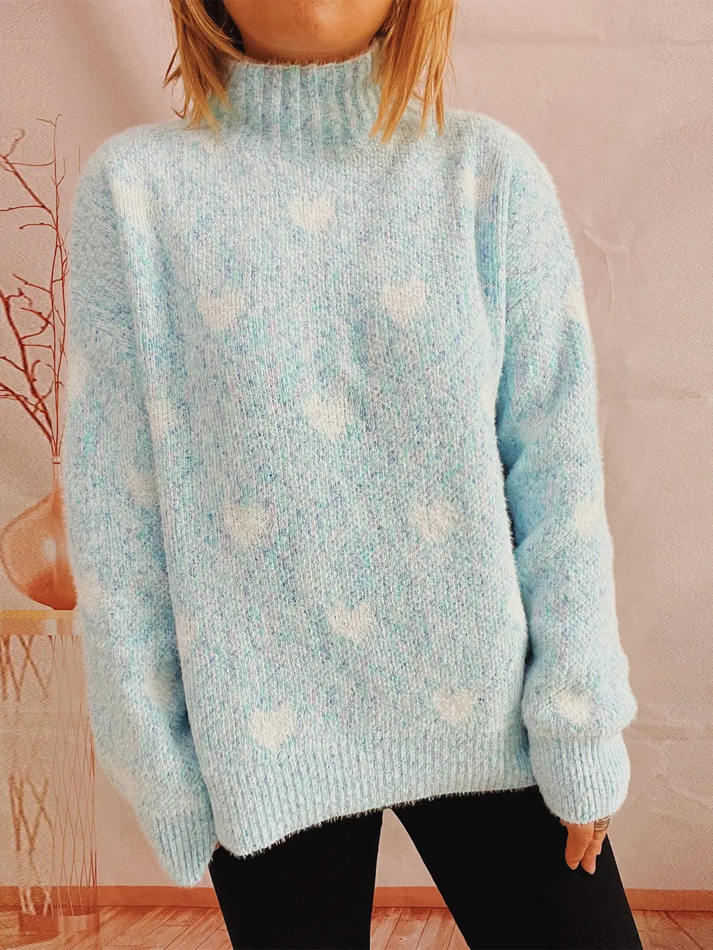 Heart Heathered Turtleneck Drop Shoulder Sweater, image 6