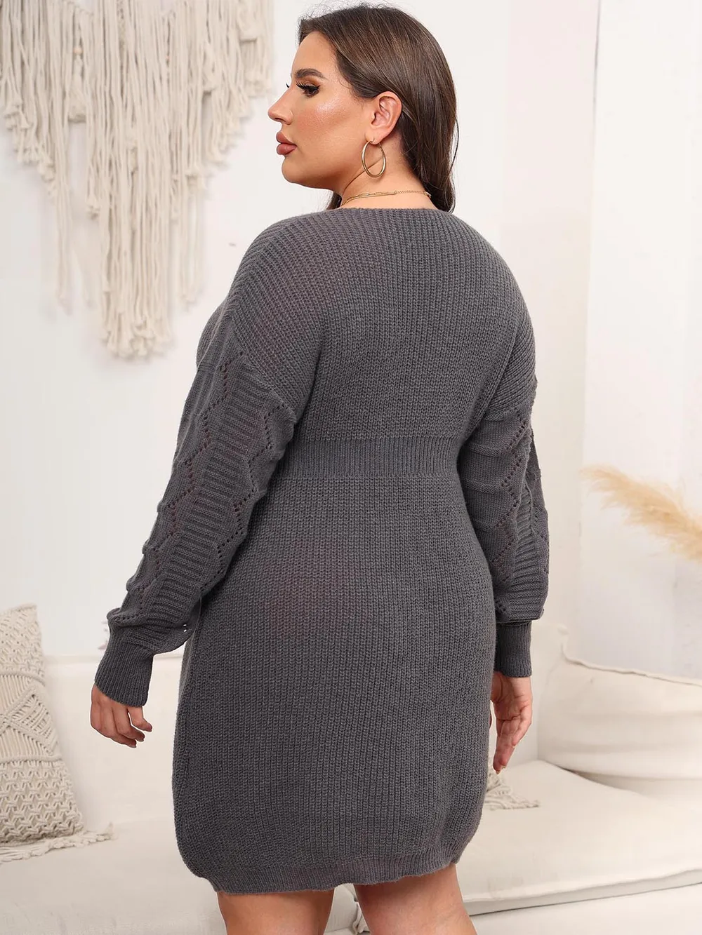 Plus Size Dropped Shoulder Long Sleeve Knit Mini Dress, image 7