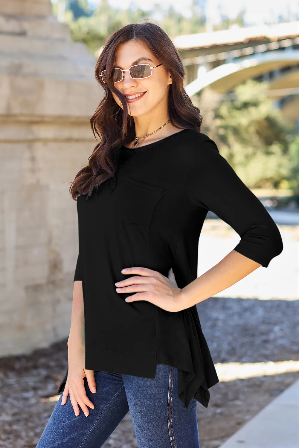 Full Size Round Neck Pocketed T-Shirt, image 2