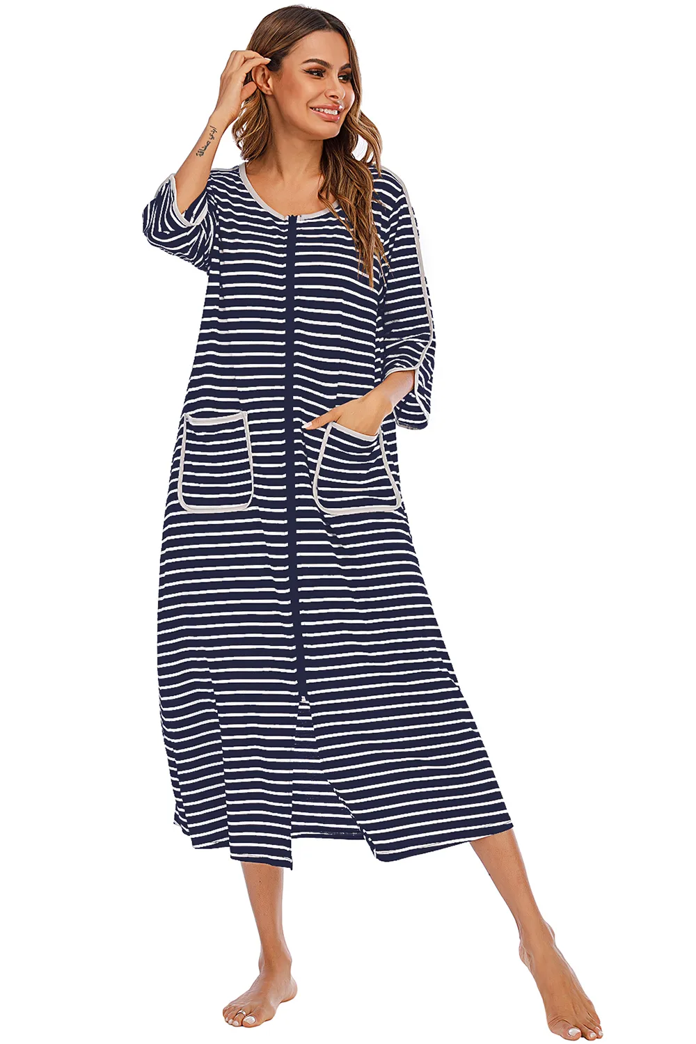 Round Neck Three-Quarter Sleeve Midi Night Dress, image 4