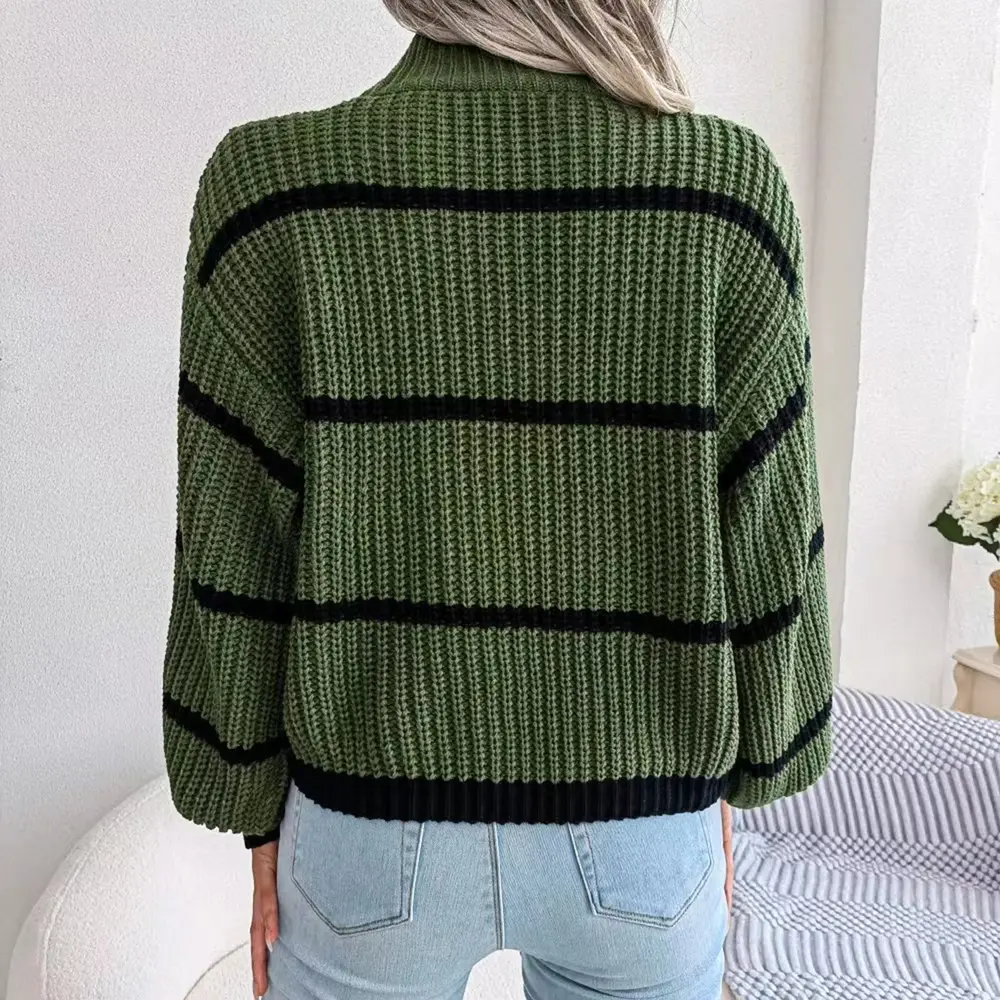 Striped Mock Neck Dropped Shoulder Sweater, image 9