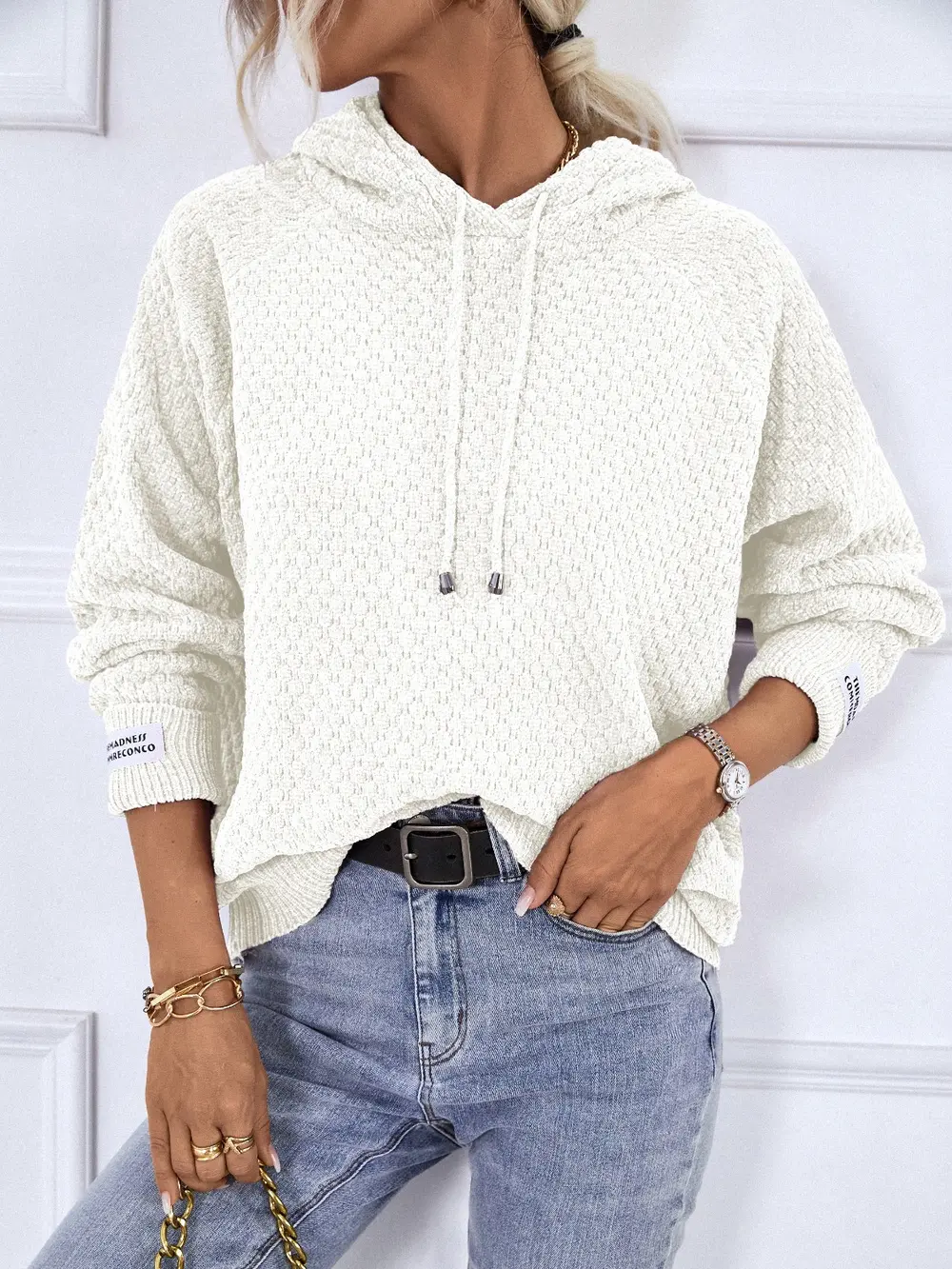 Texture Drawstring Long Sleeve Hooded Sweater, image 7