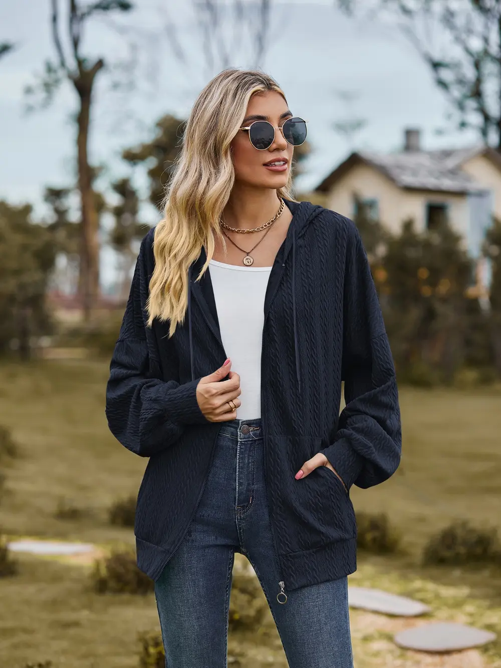 Zip Up Drawstring Long Sleeve Hooded Jacket, image 9