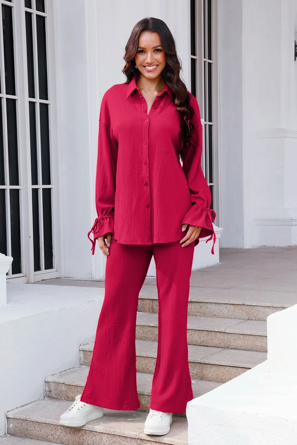 Drawstring Flounce Sleeve Shirt and Pants Set, image 16