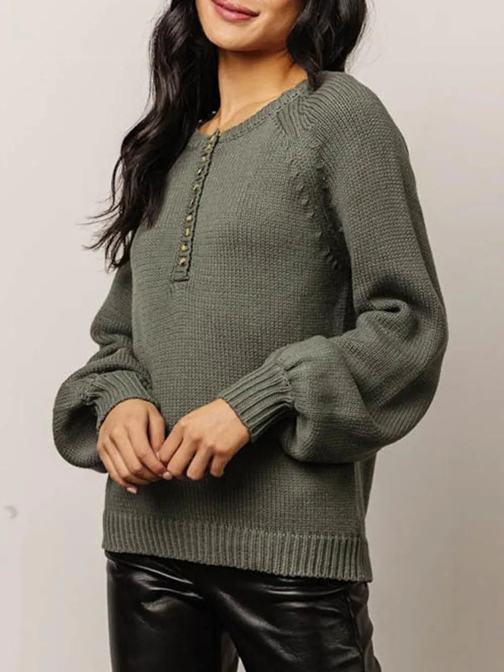Buttoned Round Neck Long Sleeve Sweater, image 2