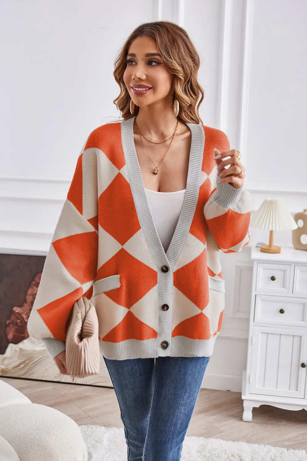 Geometric Lantern Sleeve Cardigan with Pockets, image 11