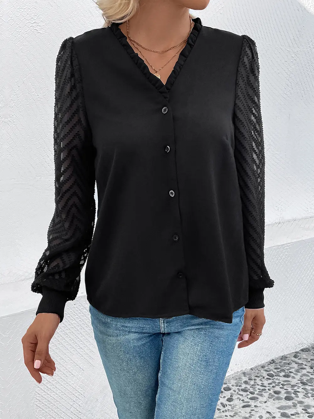 Mesh V-Neck Button Front Blouse, image 2