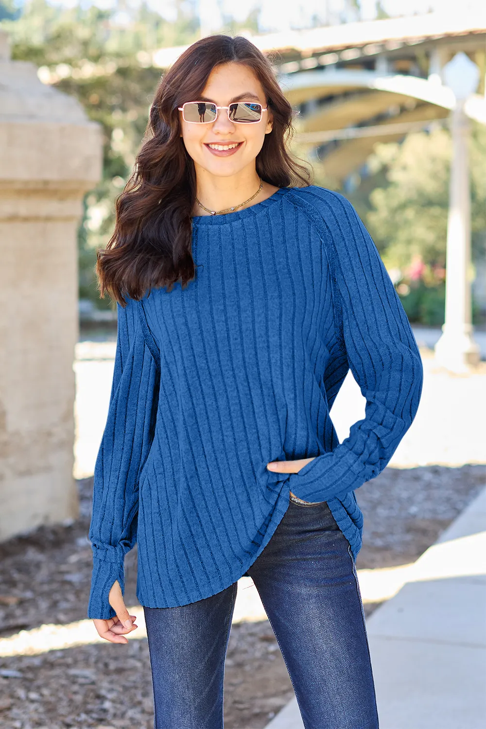 Full Size Ribbed Round Neck Long Sleeve Knit Top, image 9