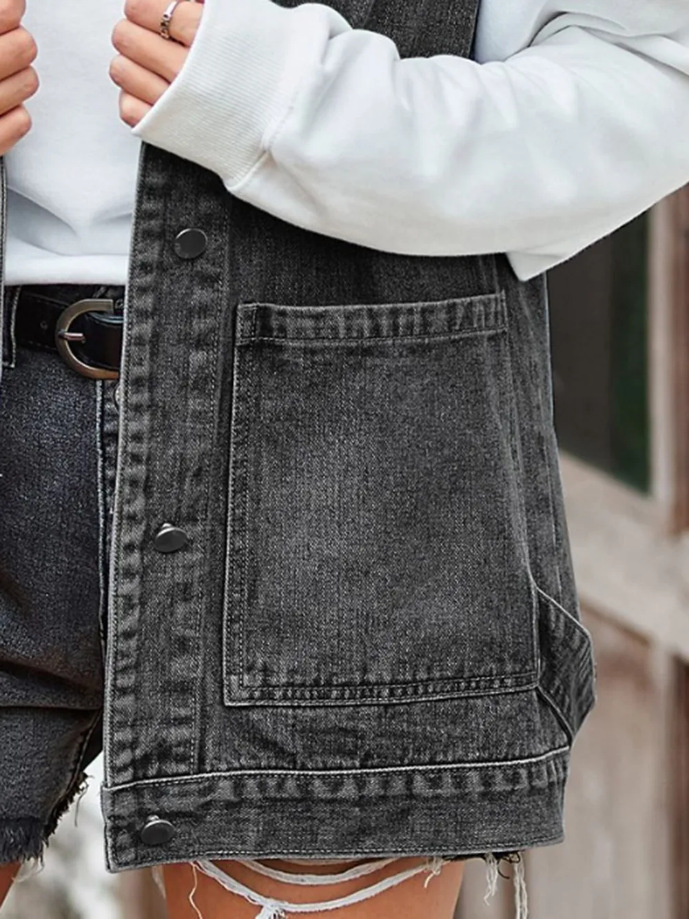 Button Up Sleeveless Denim Jacket with Pockets, image 3