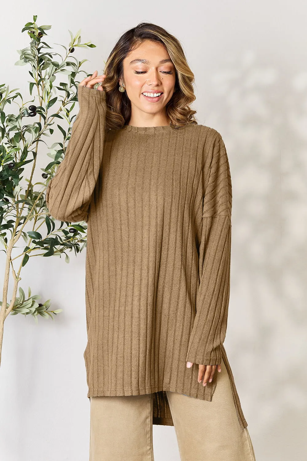 Full Size Ribbed Round Neck Long Sleeve Slit Top, image 15