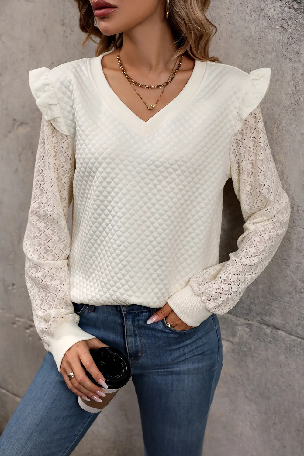 V-Neck Ruffle Trim Long Sleeve Sweatshirt, image 3