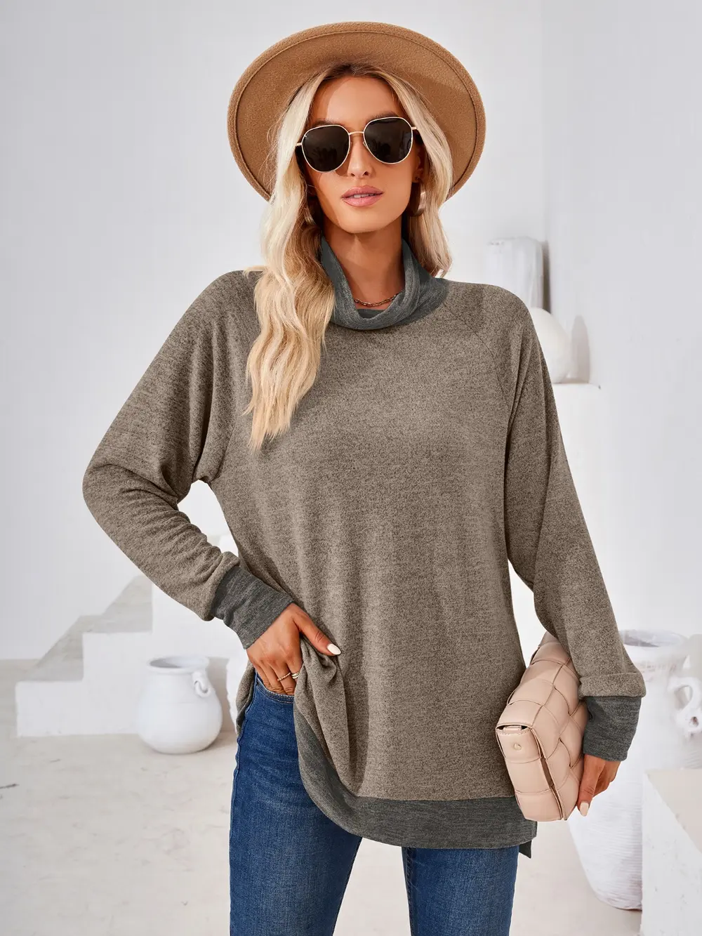 Contrast Mock Neck Long Sleeve T-Shirt, image 14
