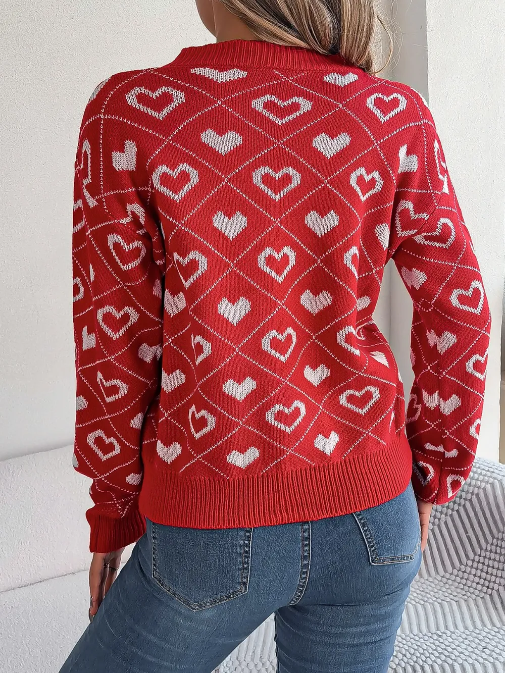 Heart Pattern V-Neck Long Sleeve Sweater, image 9