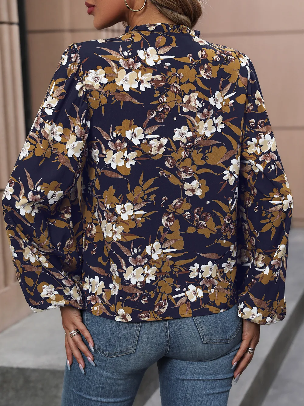Floral Notched Balloon Sleeve Blouse, image 2