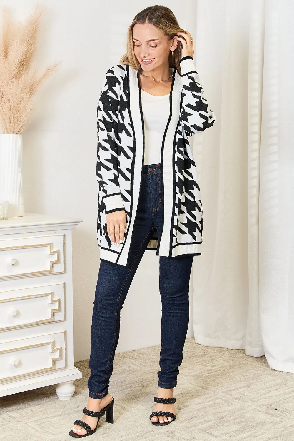 Houndstooth Open Front Longline Cardigan, image 2
