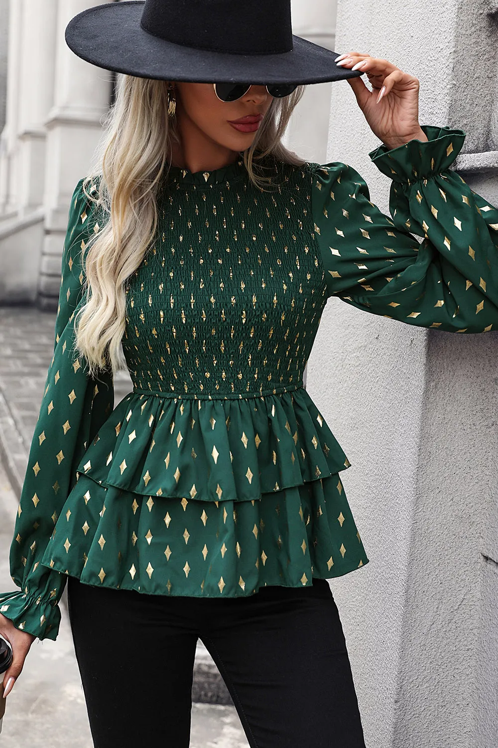 Smocked Flounce Sleeve Layered Blouse, image 4