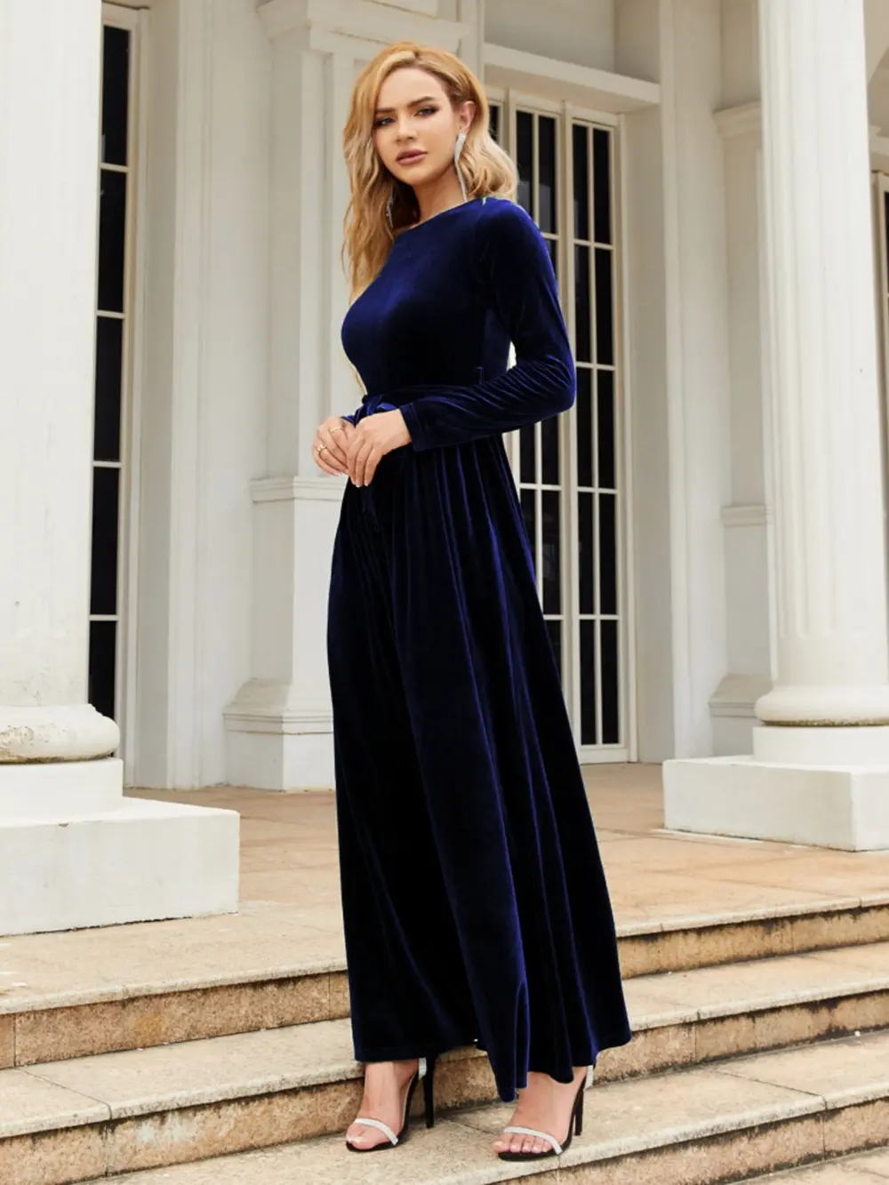 Tie Front Round Neck Long Sleeve Maxi Dress, image 7