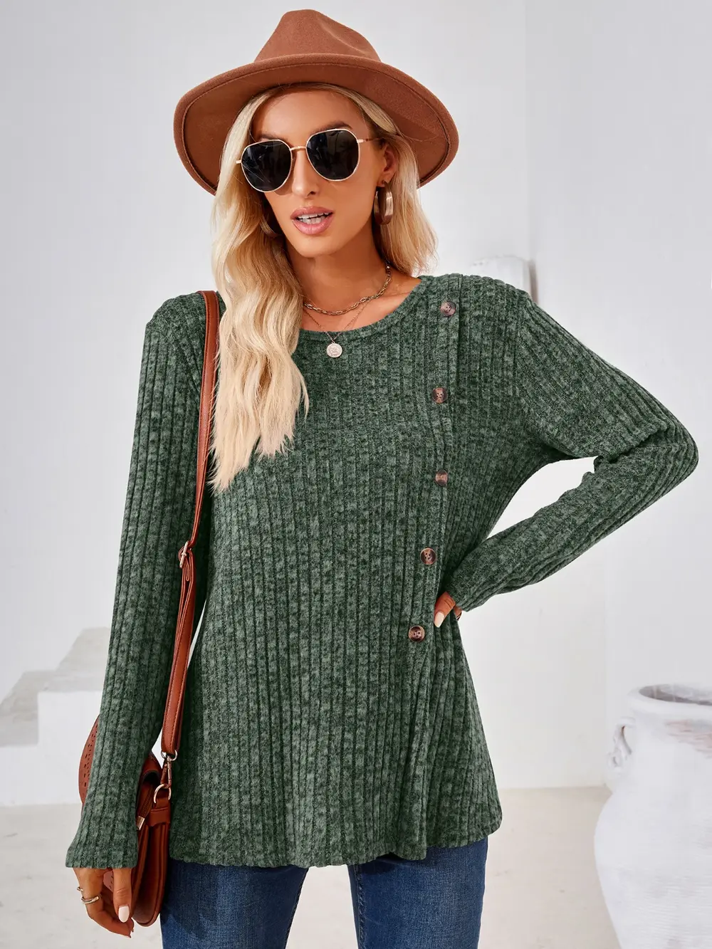 Ribbed Buttoned Round Neck Slit T-Shirt, image 13