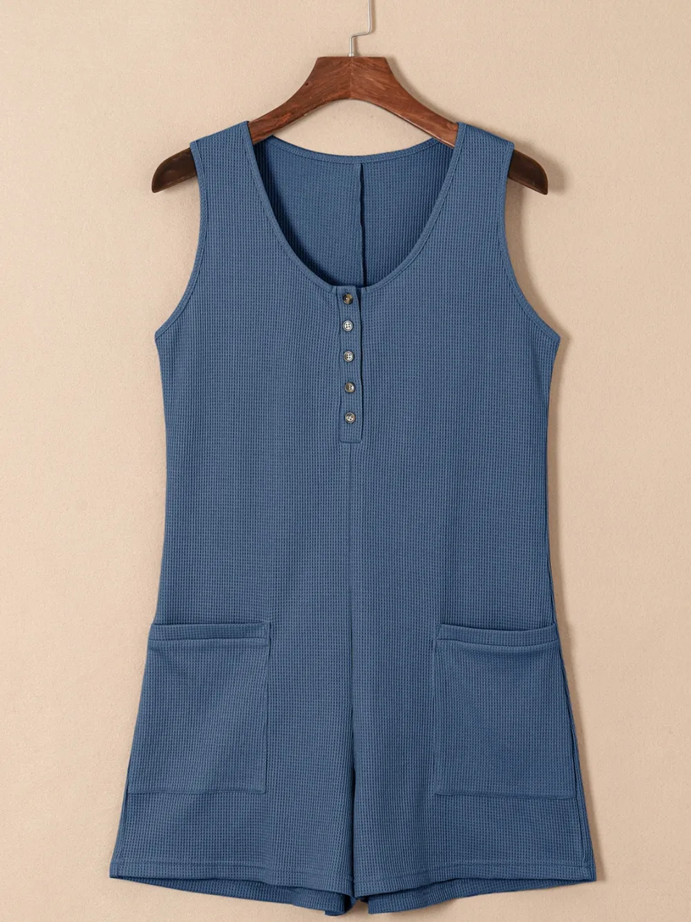 Waffle-Knit Half Button Sleeveless Romper with Pockets, image 5