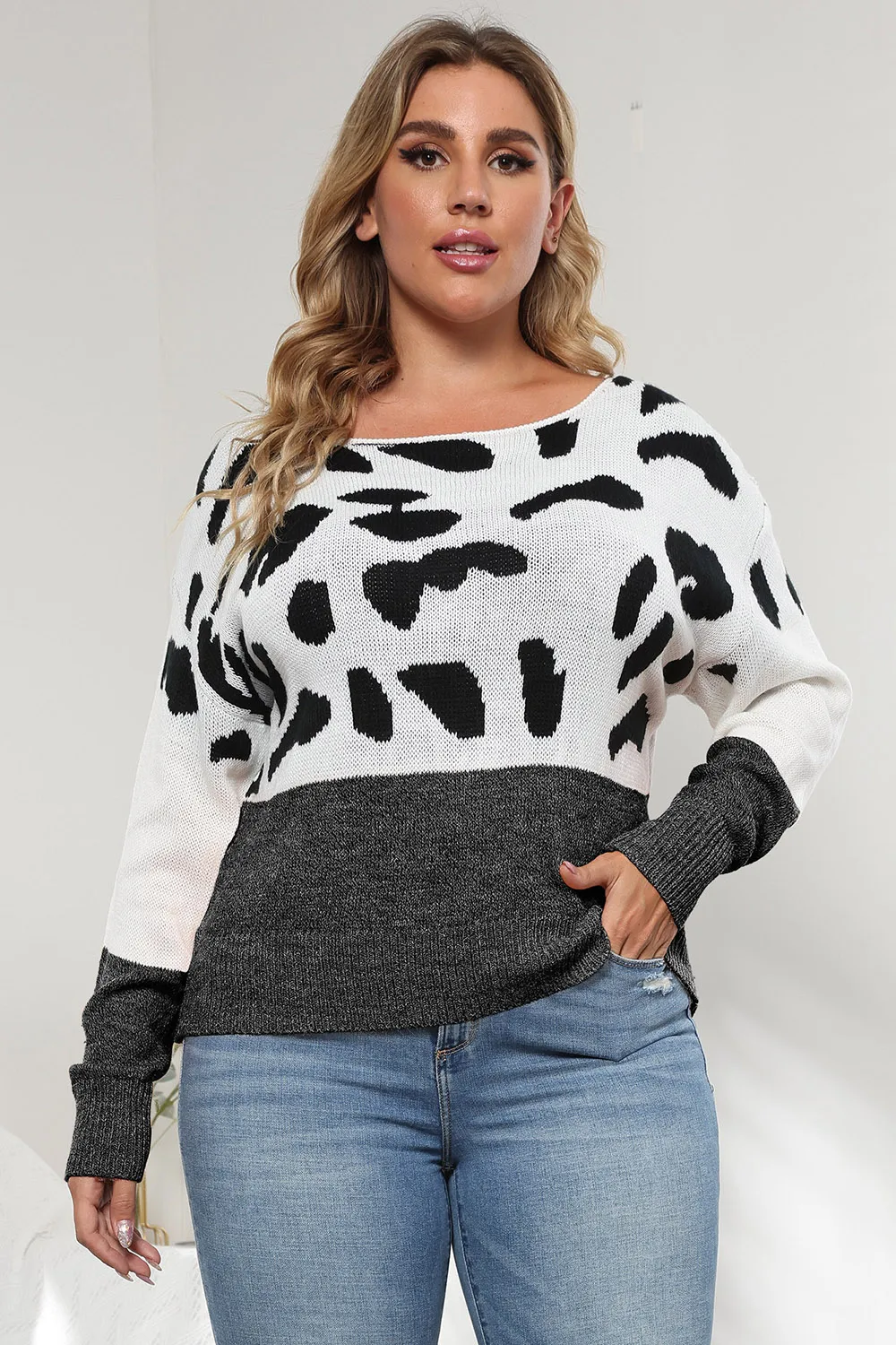 Plus Size Leopard Round Neck Long Sleeve Sweater, image 2