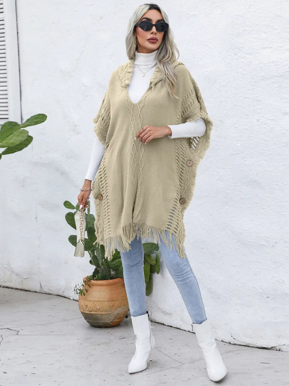 Fringe Trim Buttoned Hooded Poncho, image 19