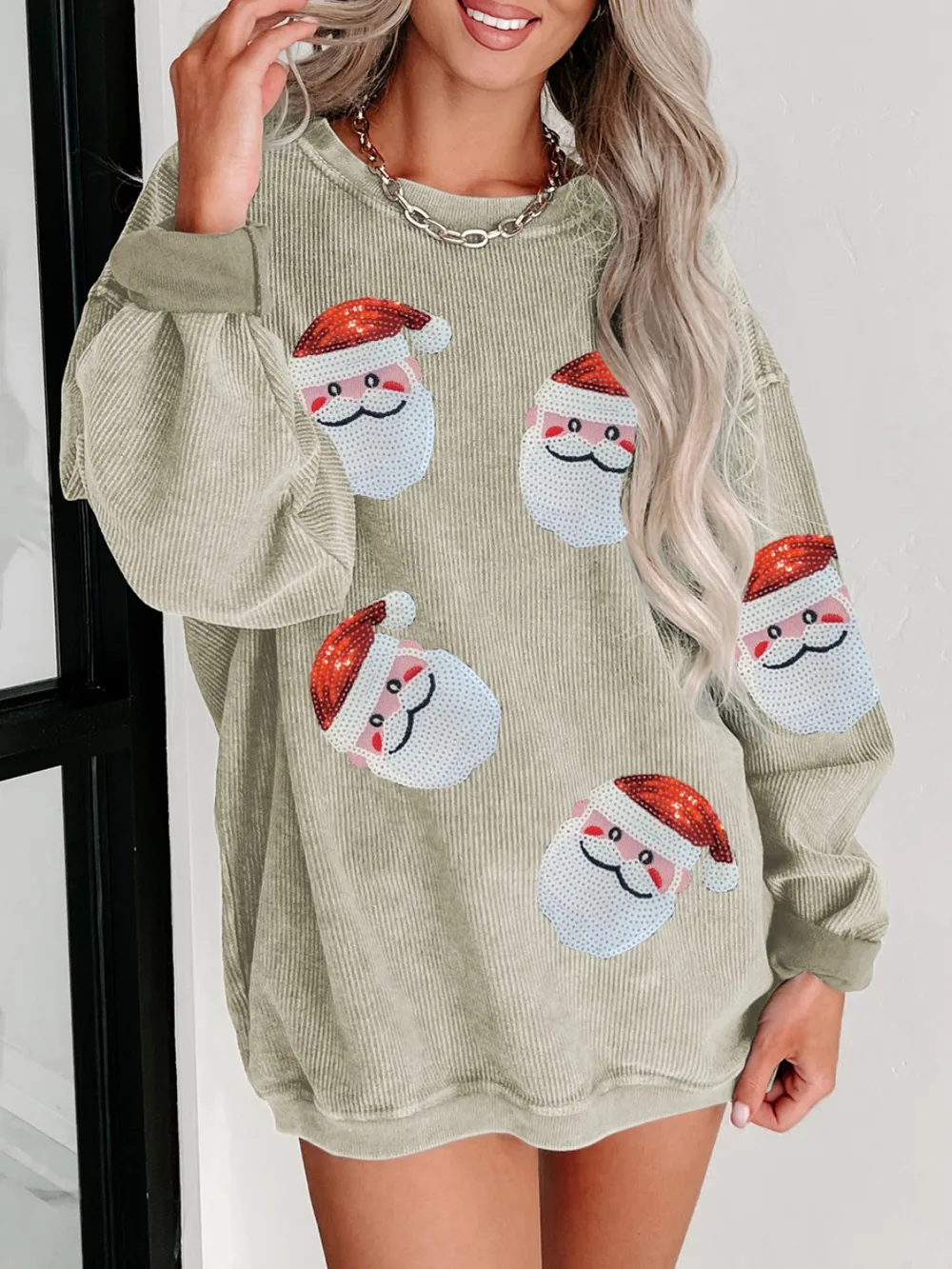 Sequin Santa Patch Ribbed Sweatshirt, image 6