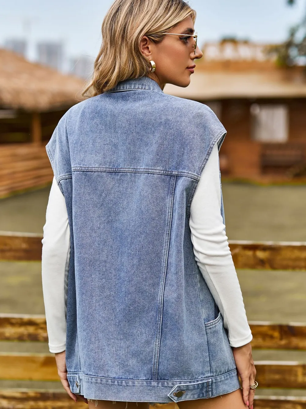 Button Up Collared Neck Sleeveless Denim Jacket, image 4