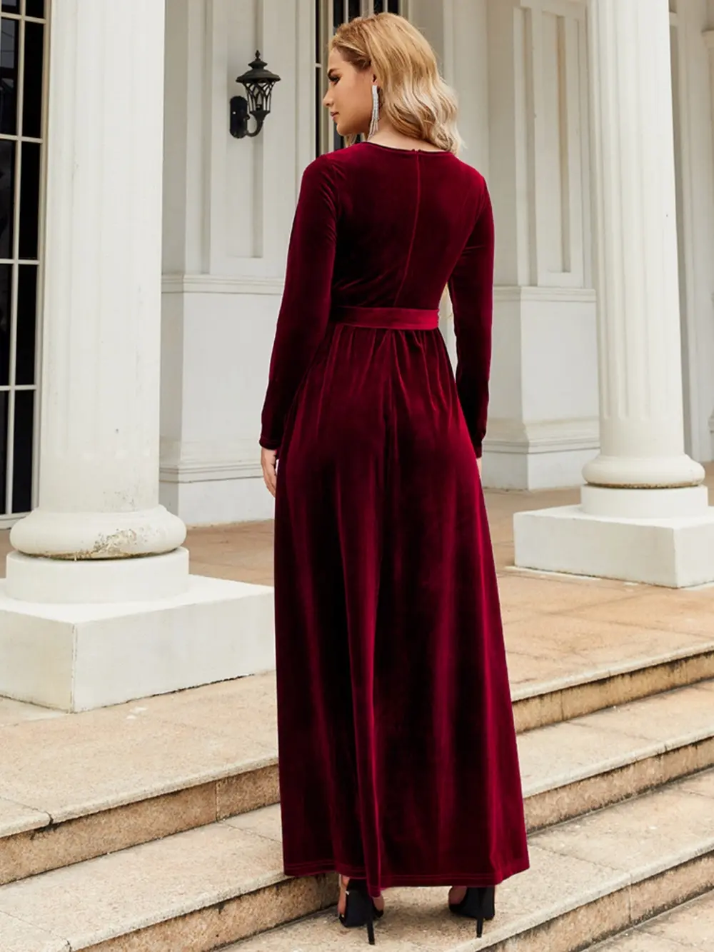 Tie Front Round Neck Long Sleeve Maxi Dress, image 8