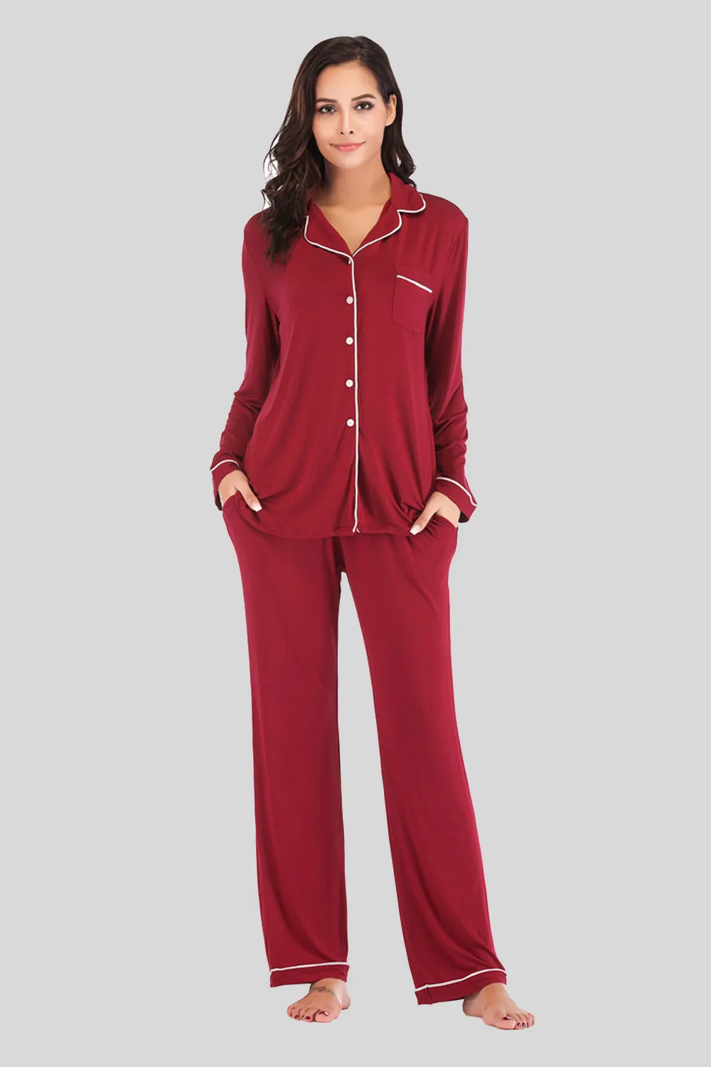 Collared Neck Long Sleeve Loungewear Set with Pockets, image 16