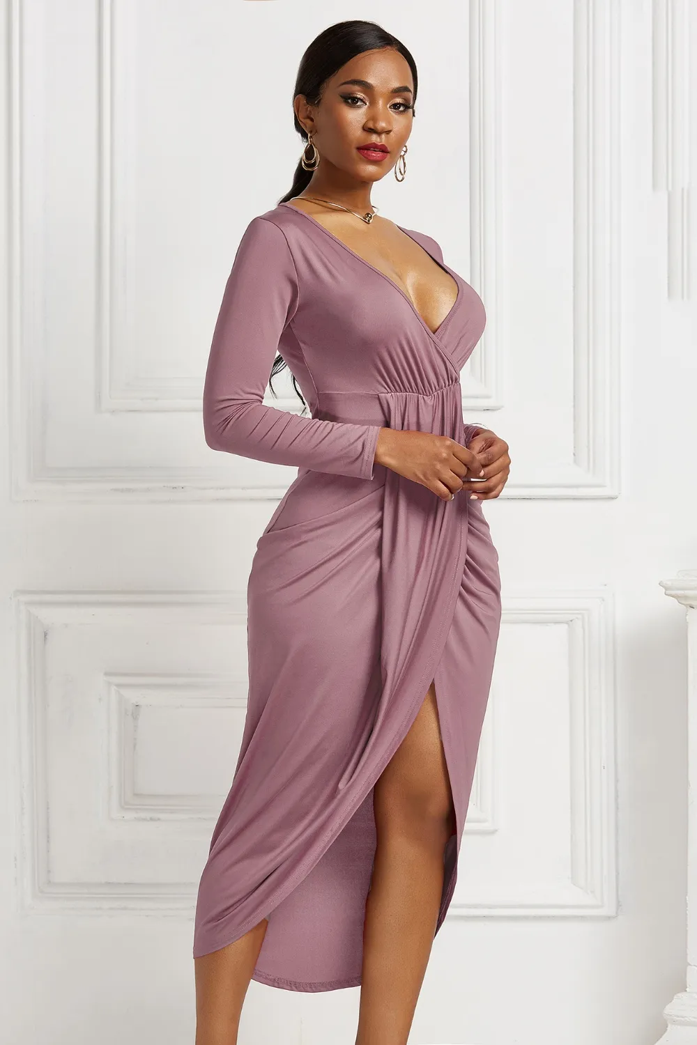 High-low Ruched Surplice Long Sleeve Dress, image 8