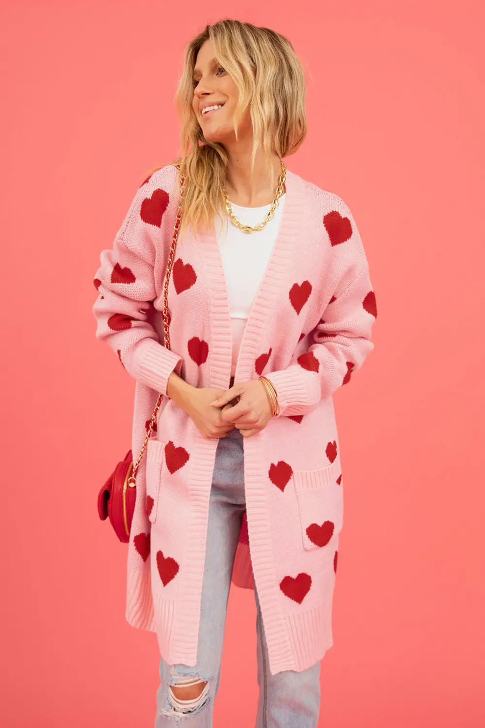 Heart Graphic Open Front Cardigan with Pockets, image 17