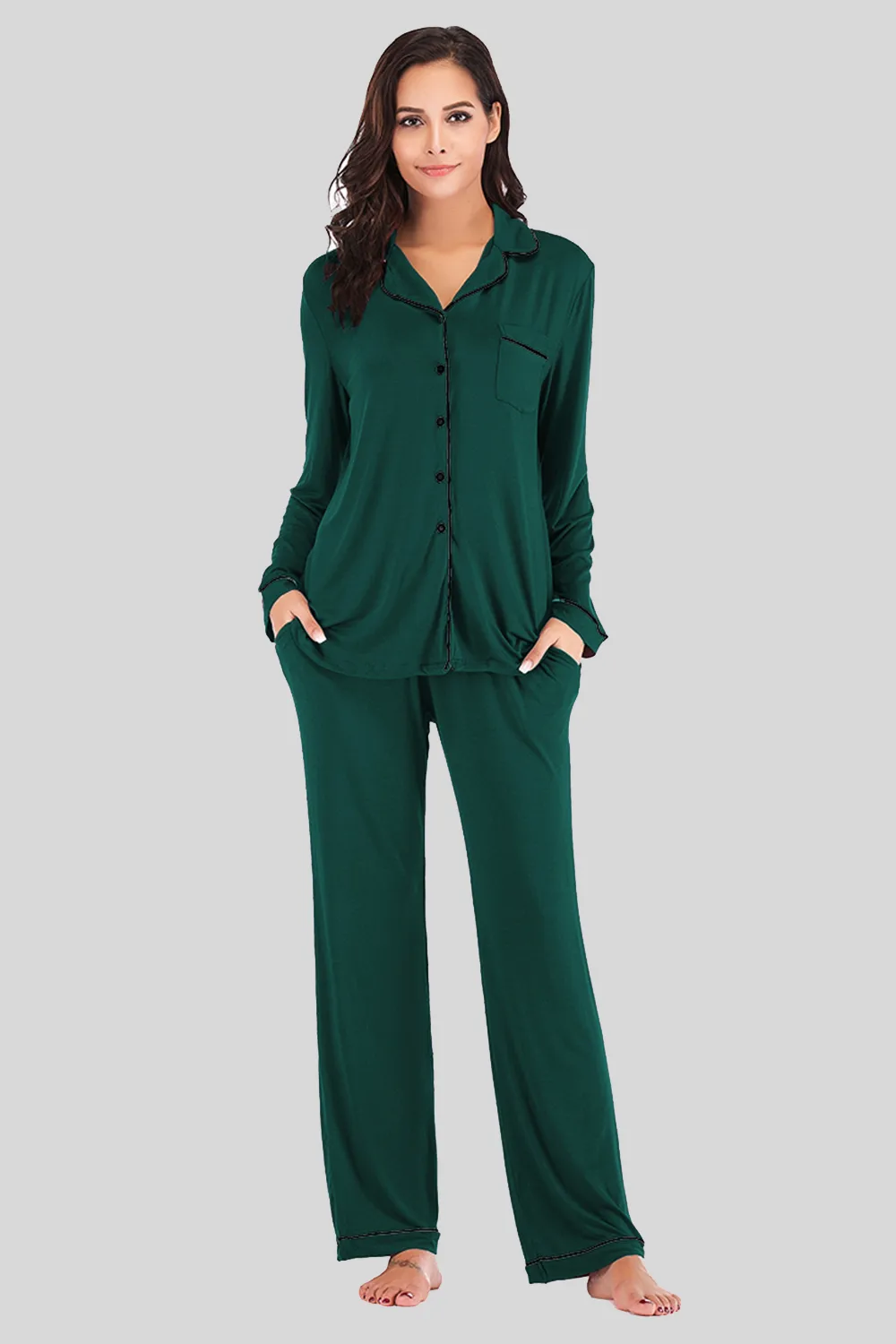 Collared Neck Long Sleeve Loungewear Set with Pockets, image 5