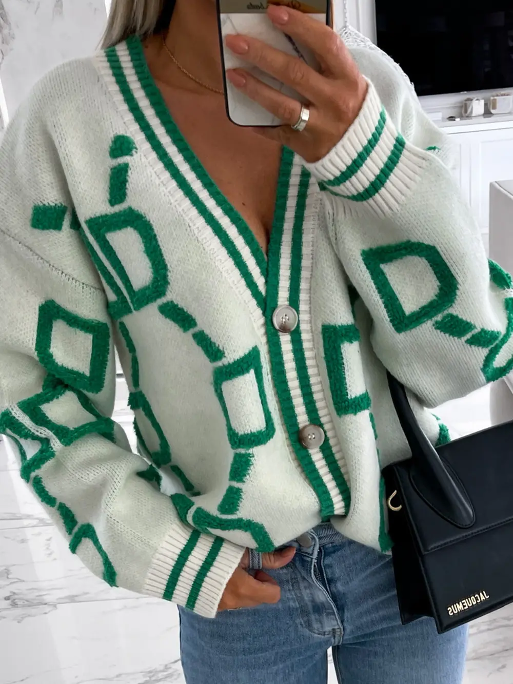 Geometric Dropped Shoulder Button Down Cardigan, image 4
