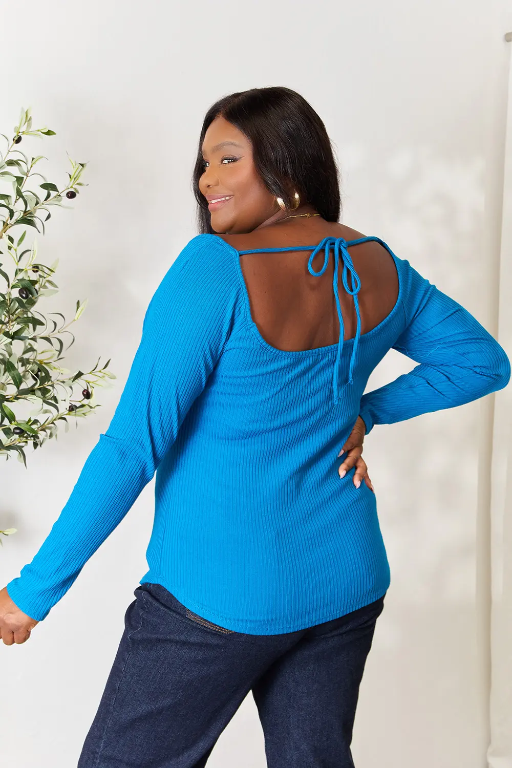 Full Size Ribbed Sweetheart Neck Knit Top, image 2
