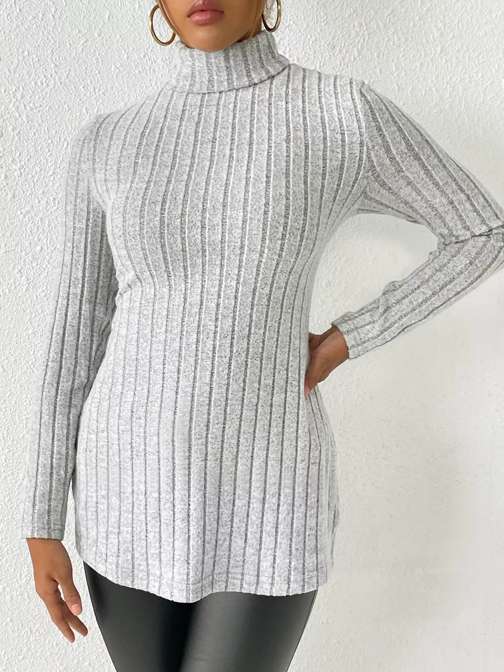 Ribbed Turtleneck Long Sleeve Slit T-Shirt, image 2