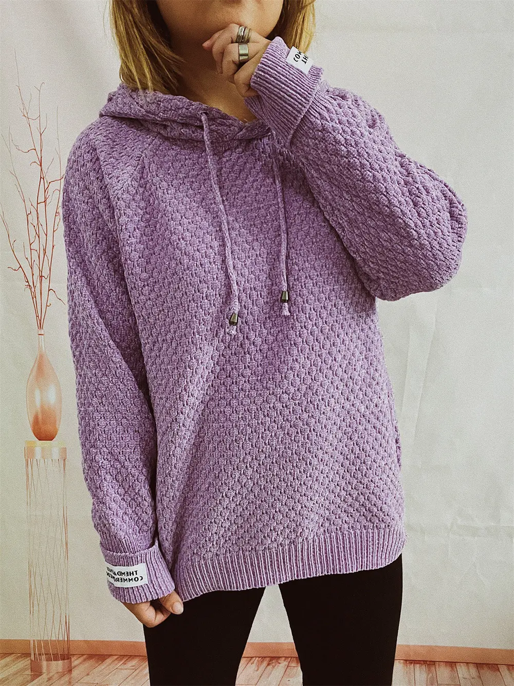 Drawstring Long Sleeve Hooded Sweater, image 6