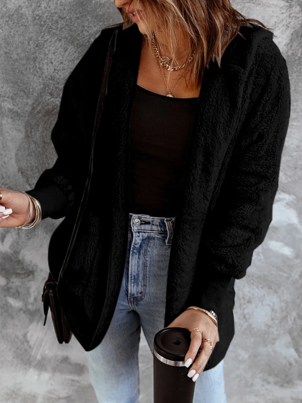 Open Front Hooded Faux Fur Outwear with Pockets, image 5