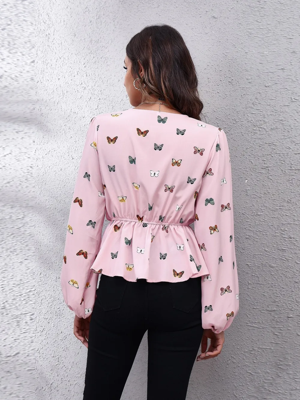 Butterfly V-Neck Balloon Sleeve Peplum Blouse, image 2