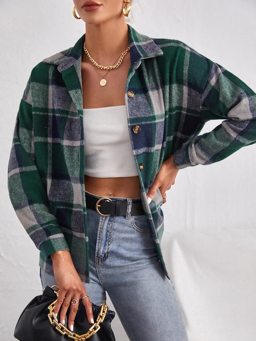 Plaid Collared Neck Button Down Jacket, image 7