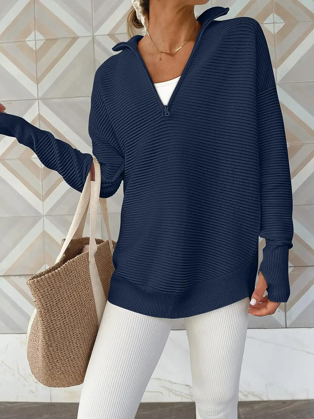 Half Zip Long Sleeve Knit Top, image 5