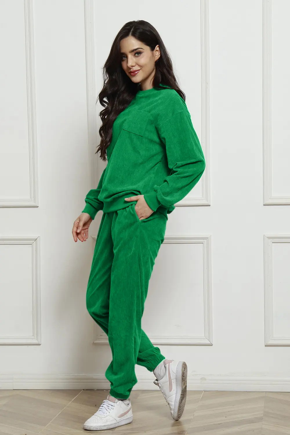 Corduroy Round Neck Sweatshirt and Sweatpants Set, image 12