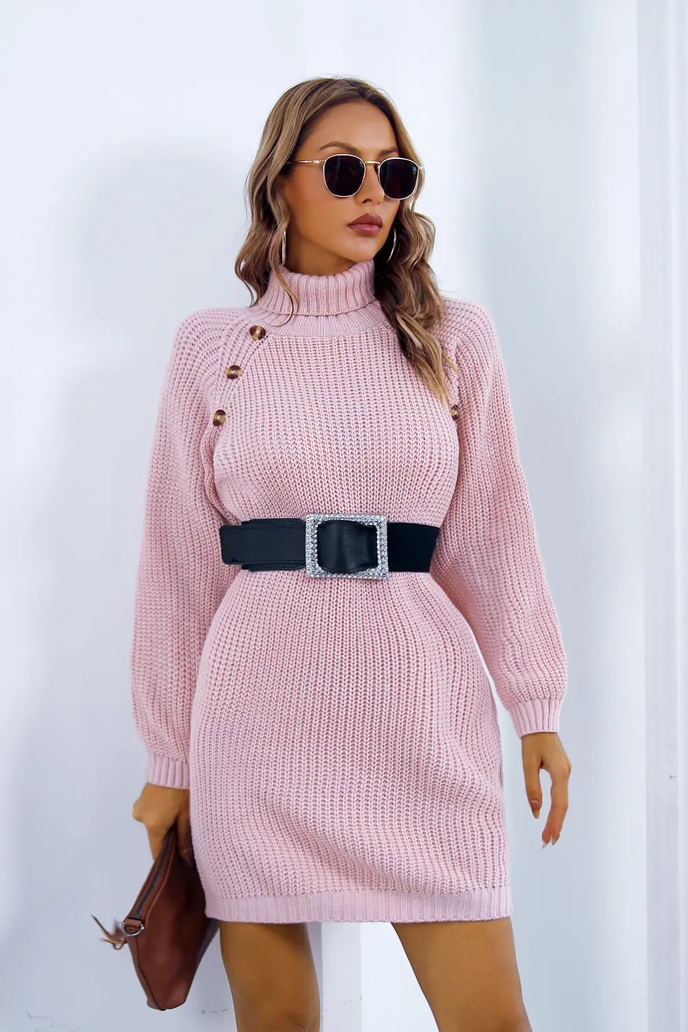 Buttoned Turtleneck Long Sleeve Sweater Dress, image 9