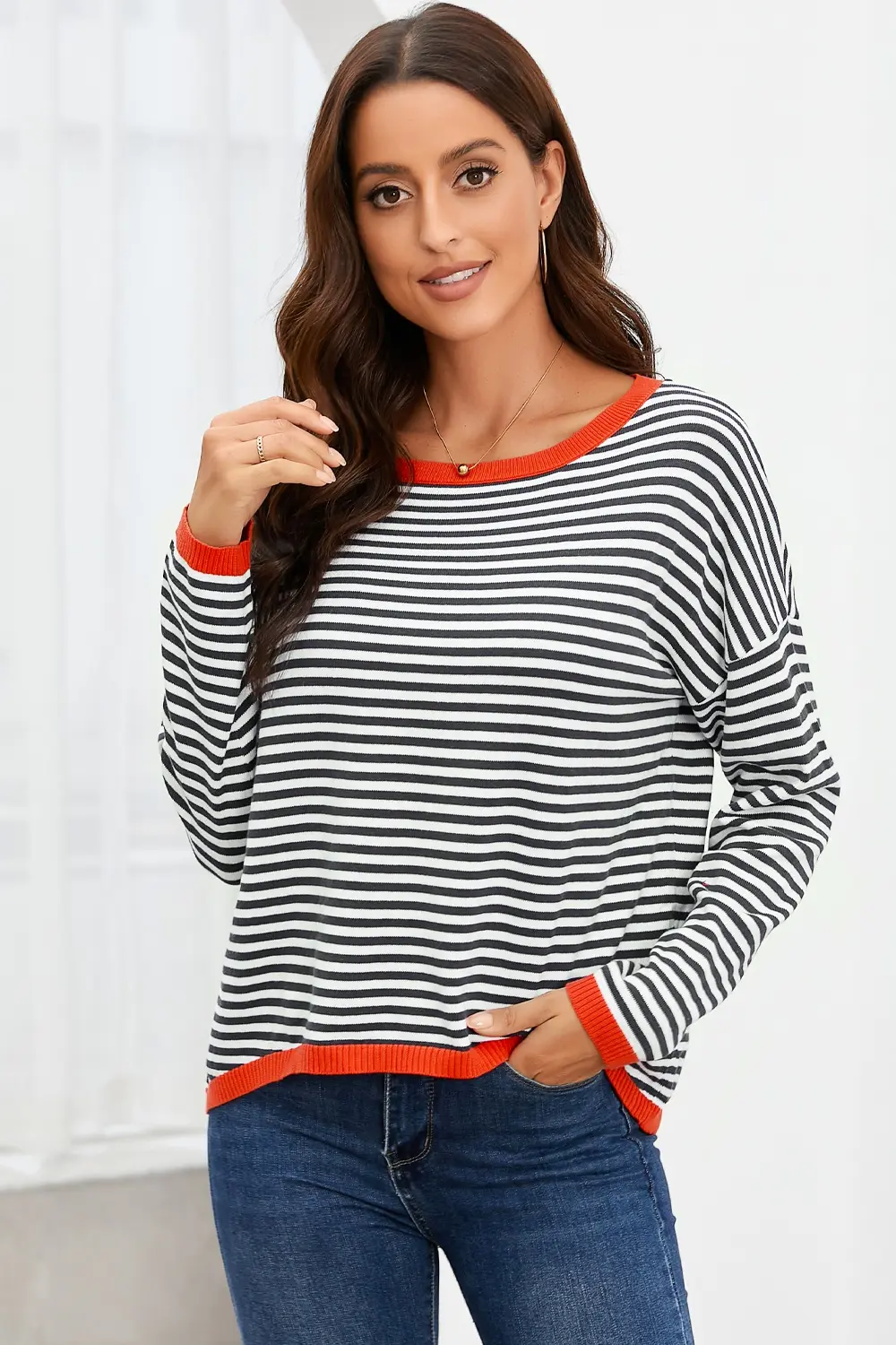 Striped Round Neck Drop Shoulder T-Shirt, image 4