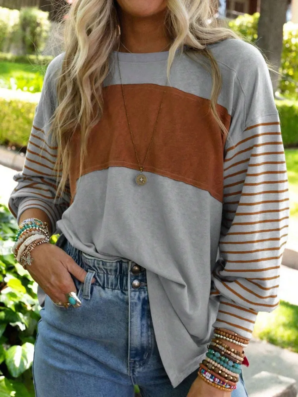 Round Neck Striped Long Sleeve Slit T-Shirt, image 5