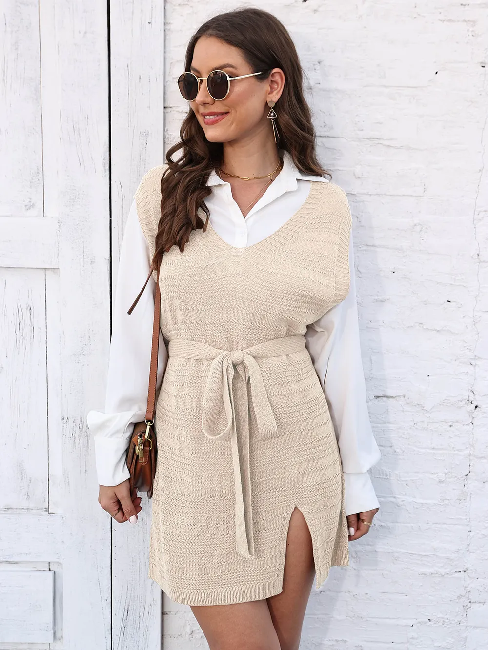 Tie Front V-Neck Sleeveless Slit Sweater Dress, image 15
