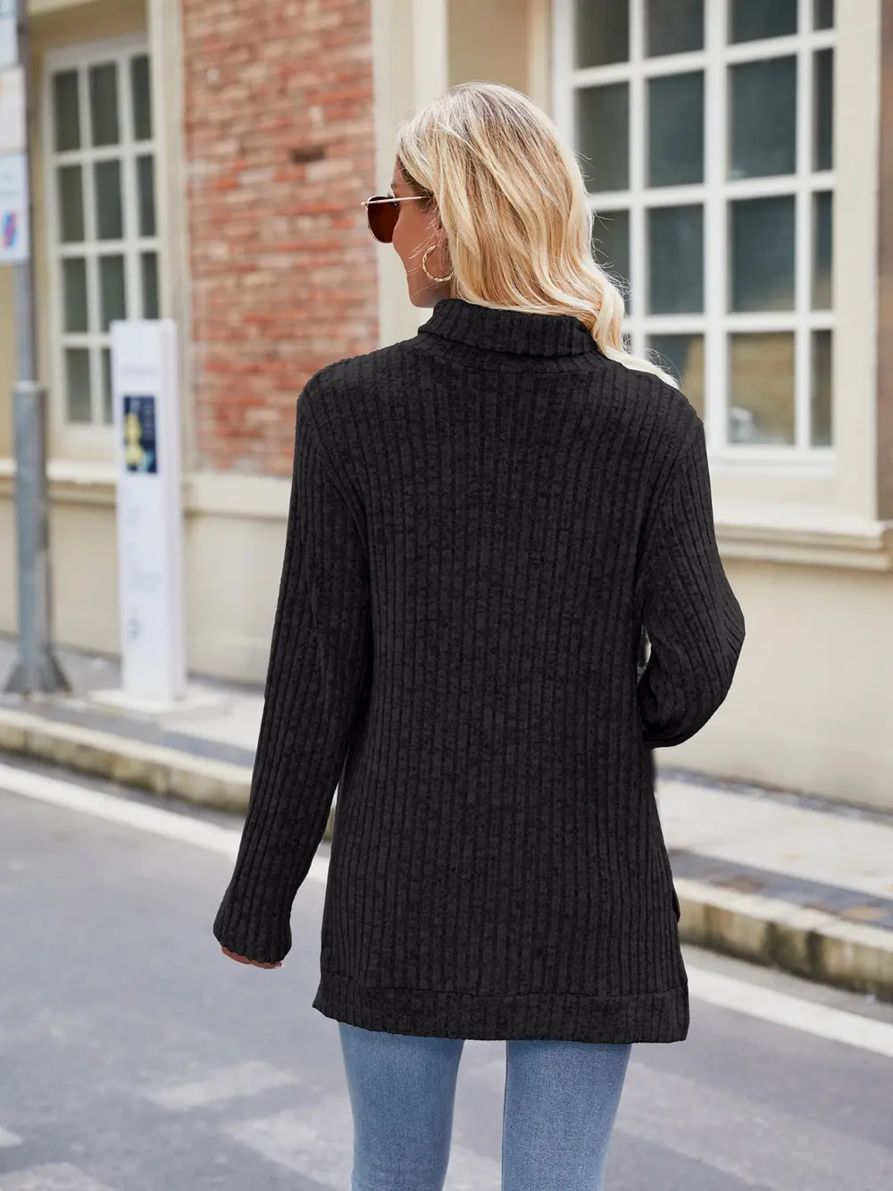 Ribbed Turtleneck Long Sleeve Slit Knit Top, image 11