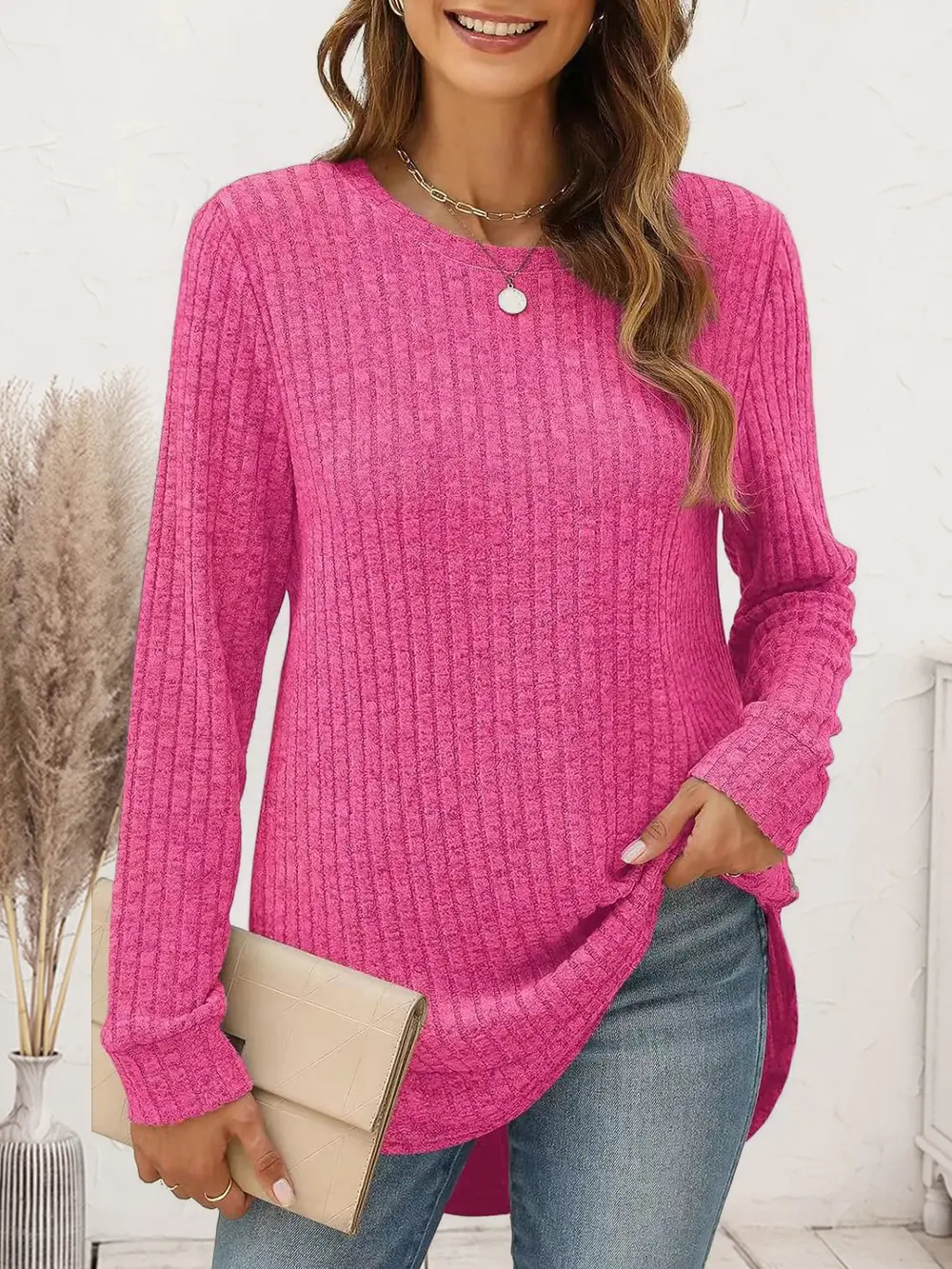 Ribbed Round Neck Long Sleeve T-Shirt, image 10